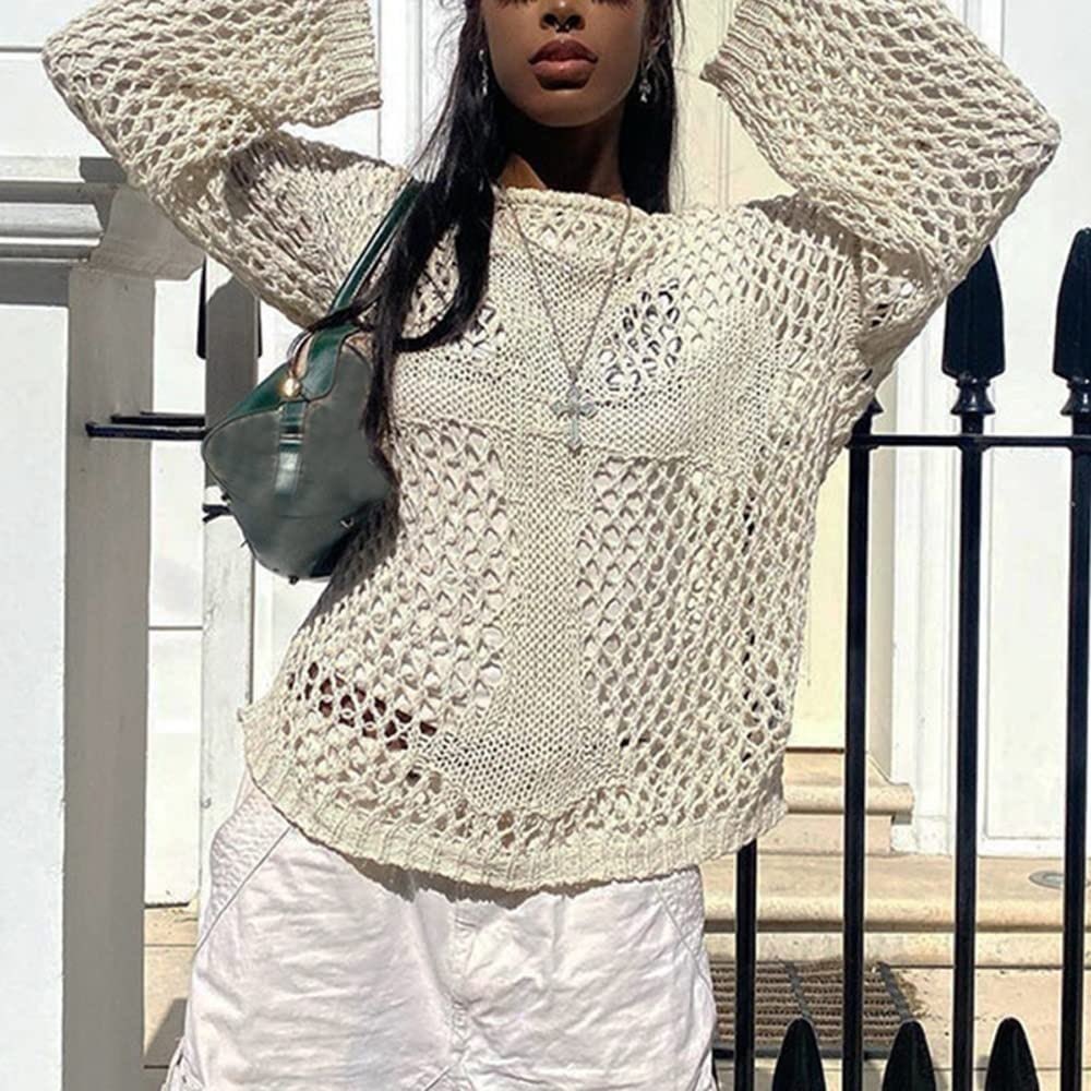 Racer Worldwide Women's Cross Open Knit Crochet Sweater Top Beige-‎ Size M